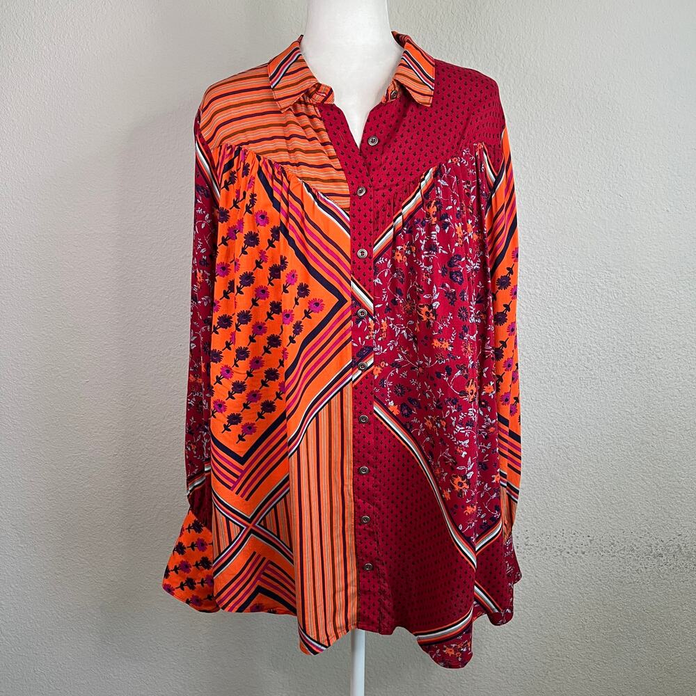 Free People Hazel Patchwork Chili Pepper Button Down Blouse Womens XL Artsy Boho